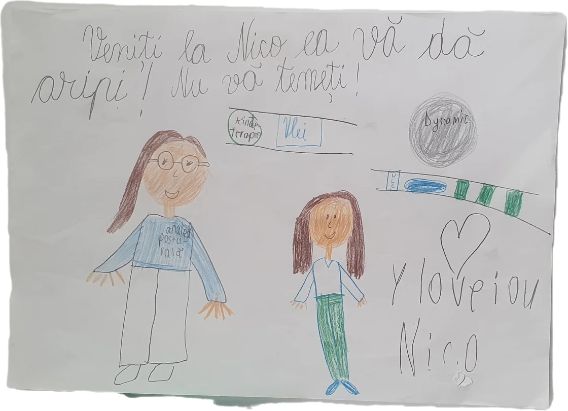 Desen colorat: „Veniți la Nico că vă dă aripi"